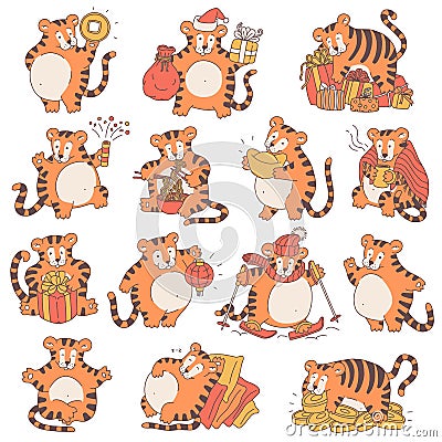 Tigers set with Chinese new year symbols. Cute different tigris holds money and gift boxes, eat noodles and lets off Vector Illustration