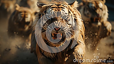 Tigers in wild nature, running on camera. Action wildlife scene with dangerous animal. Panthera tigris altaica Stock Photo