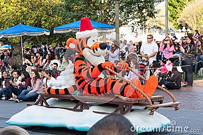 Tigger (Winnie the Pooh's friend) rides a sleigh in Disneyland Parade Editorial Stock Photo