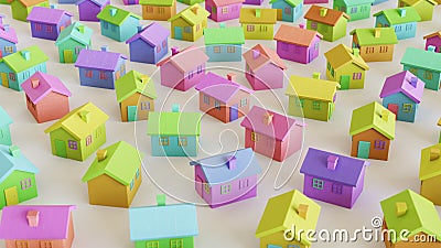 Variously Colored Toy Wooden Houses in a Tight Even Grid on a Simple Concrete Surface Stock Photo