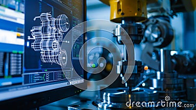 A tight shot of a computer screen displaying intricate designs and specifications for a CNC milling project. The digital Stock Photo
