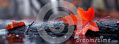 A tight shot of a leaf floating on a submerged log in the water, with droplets cascading from its edges, and trees framing the Stock Photo