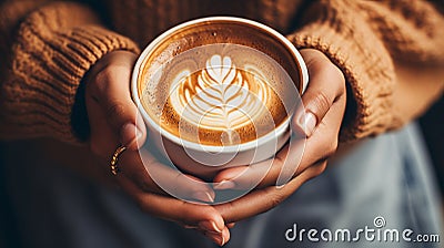 A tight view of hands clutching a mug of cappuccino-style coffee Stock Photo