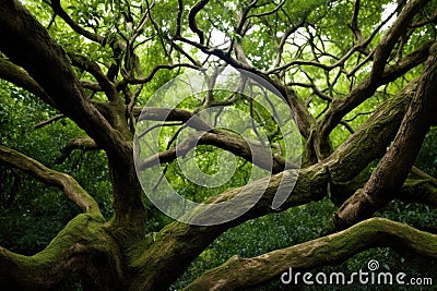 tightly-intertwined branches of two trees Stock Photo