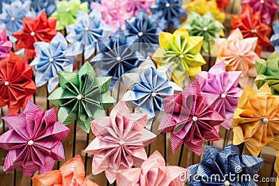 tightly packed row of colorful pinwheels spinning Stock Photo