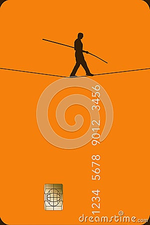 A tightrope walker carefully moves across a generic credit card Stock Photo