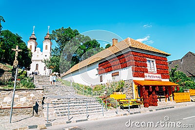 Tihany Abbey Benedictine monastery and Red hot spicy chilli peppers paprika store in Tihany, Hungary Editorial Stock Photo