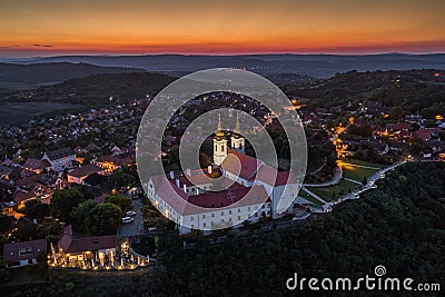 Tihany, Hungary - Aerial view of the illuminated Benedictine Monastery of Tihany Tihany Abbey, Tihanyi Apatsag at sunset Stock Photo