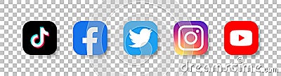 Tik Tok, facebook, twitter, instagram, youtube. - Collection of popular social media logo on isolated or transparent background. Cartoon Illustration