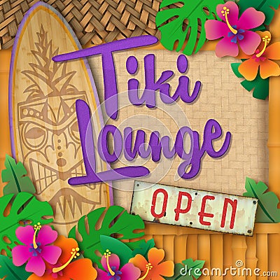 Tiki Bar Lounge Cocktails Open Sign Surfboard Stock Photo