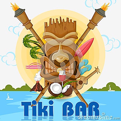 Tiki bar poster with tribal mask Vector Illustration