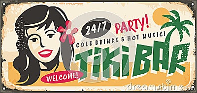 Tiki bar retro sign idea with Hawaiian girl Vector Illustration