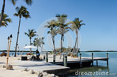 Tiki beach built on a dock surrounded with tiki tourches with a reggae musician playing beneath the palm trees Stock Photo