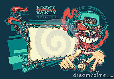 Tiki DJ. Tropical exotic, torches and bamboo signboard. Hawaiian traditional elements Vector Illustration