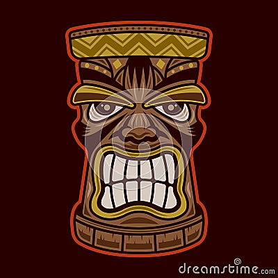 Tiki hawaiian tribal wooden head vector illustration in colorful cartoon style isolated on dark background Vector Illustration