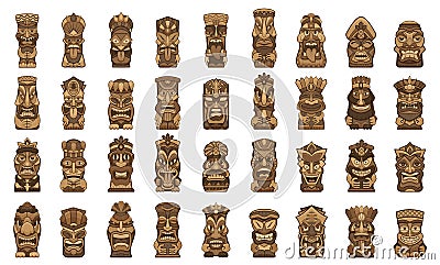 Tiki idols icons set, cartoon style Vector Illustration