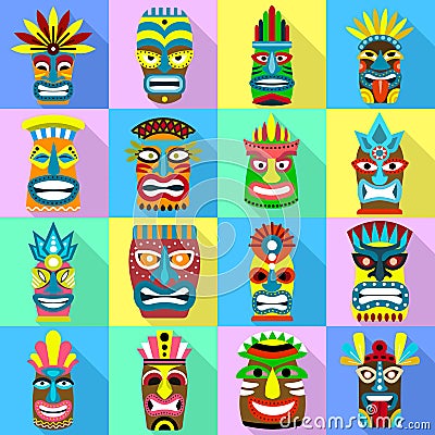 Tiki idols icons set, flat style Vector Illustration