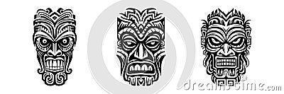 Tiki idols. Tribal polynesian mask, hawaiian wooden totem. Aztec style retro tattoo, African voodoo scary god design Vector Illustration