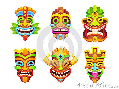 Tiki mask african totem tribal icon vector set Cartoon Illustration