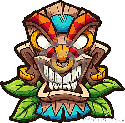 Cartoon colorful tiki mask with leaves. Vector Illustration