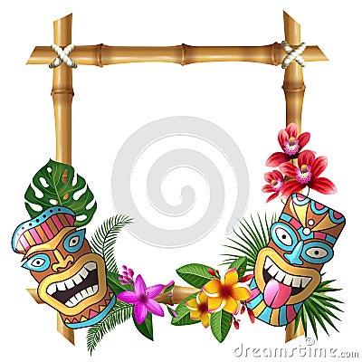 Tiki mask and frame. Hawaii authentic background bamboo square sticks exotic flowers and plants wooden totem vector Vector Illustration