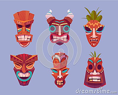 Tiki masks, hawaiian tribal totem of god faces Vector Illustration