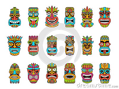 Tiki masks. Tribal hawaii totem african traditional wooden symbols vector colored mask illustrations Vector Illustration