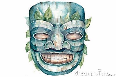 Tiki masks and wooden totems showcases the traditional Hawaiian and Polynesian art style white background Stock Photo