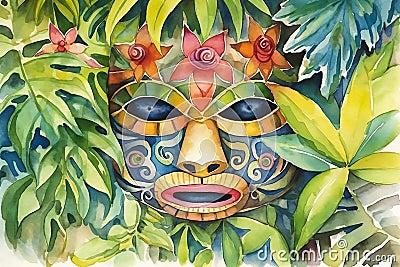 Tiki masks and wooden totems showcases the traditional Hawaiian and Polynesian art style white background Stock Photo