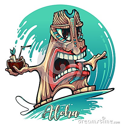 Tiki surfer on wave with an exotic cocktail in hand Vector Illustration