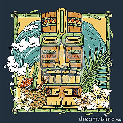 Tiki surfing hawaii print. Cocktail and wave Vector Illustration