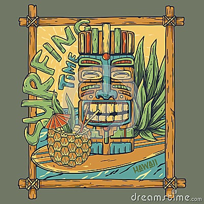 Tiki surfing hawaii print. Cocktail and wave Vector Illustration