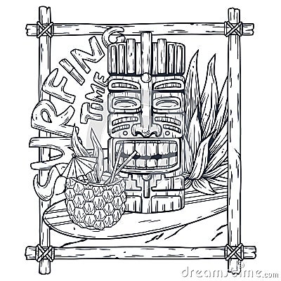 Tiki surfing hawaii print. Cocktail and wave Vector Illustration