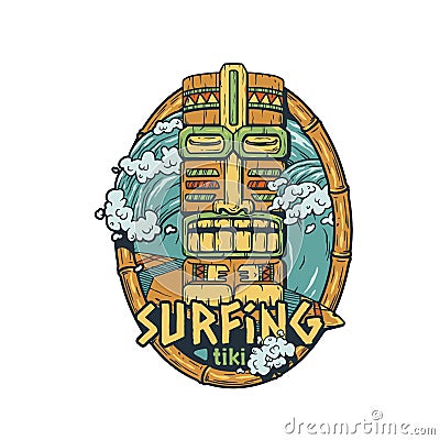 Tiki surfing hawaii print. Surf and wave Vector Illustration