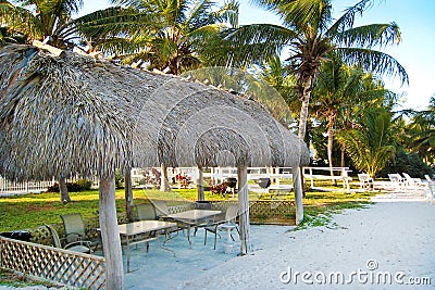 Tiki Thatch Covered Patio, Cabana On A Tropical Beach Stock Photo