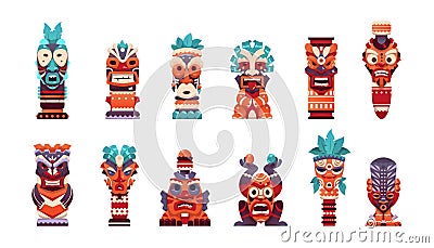 Tiki totem. Cartoon Hawaiian and African tribal statue. Maya and Aztec scary god face collection. Traditional indigenous Vector Illustration