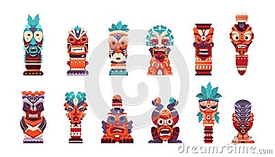 Tiki totem. Cartoon Hawaiian and African tribal statue. Maya and Aztec scary god face collection. Traditional indigenous sculpture Vector Illustration