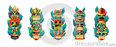 Tiki totems. Traditional primitive native tribal face masks, mexican polynesian aztec indigenous tribe ritual idols Vector Illustration