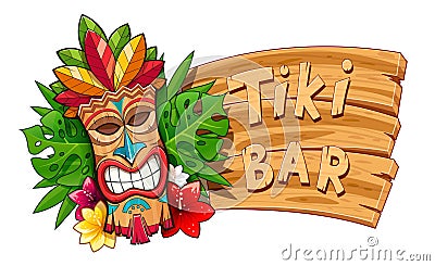 Tiki tribal wooden mask. Hawaiian traditional character Vector Illustration