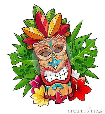 Tiki tribal wooden mask. Hawaiian traditional character Vector Illustration