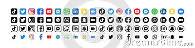 Tiktok, Twitter, Instagram, Facebook, Youtube, Messenger, WhatsUp, Linkedin, Snapchat, Zoom - popular social media, video and Vector Illustration