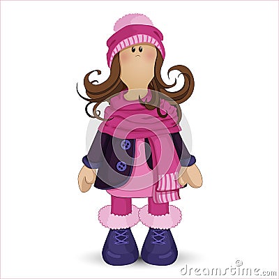 Tilda doll. Girl in winter clothes: pink hat with pom-pom, a warm scarf, boots, and a blue coat. Vector cartoon character Vector Illustration