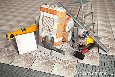 Tile adhesive in the package ceramic glue tile laying tools 3d render image Stock Photo