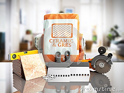 Tile adhesive in the package ceramic glue tile laying tools 3d render in room background Stock Photo