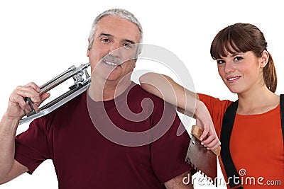 Tile cutter with colleague Stock Photo