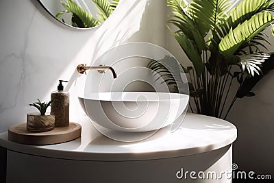 leaf sink clean home bathroom tile design tropical white interior green. Generative AI. Stock Photo