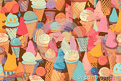 tile. Ice cream seamless pattern. Colorful ice creams in waffle cones. Generative AI Stock Photo