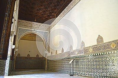 Alcazar Palace of Seville. Al Andalus Arab pattern decoration Stock Photo