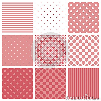 Tile vector pattern set with pink and white plaid, stripes and polka dots background Vector Illustration