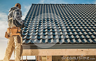 Tile Roofing Worker Stock Photo